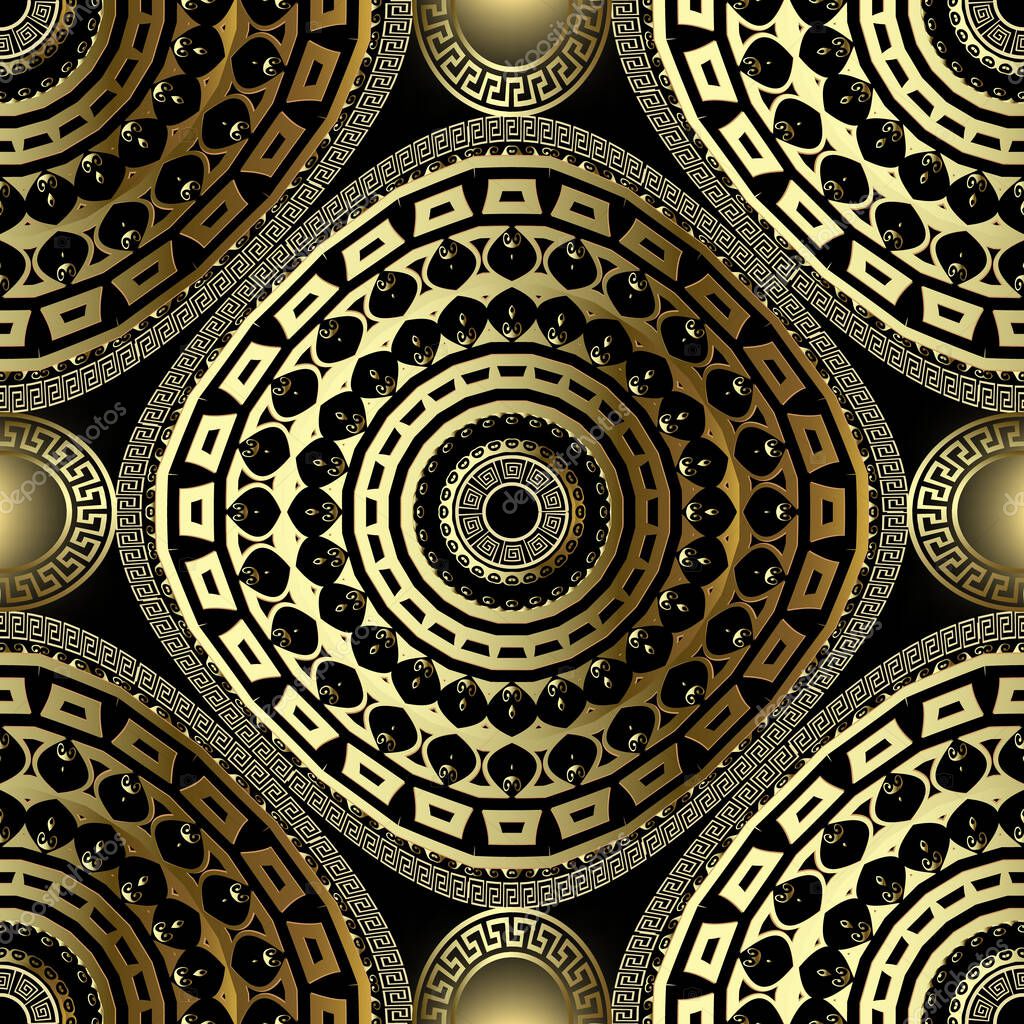 Gold tribal 3d vector seamless mandala pattern. Glowing repeat background. Greek key meander ethnic style floral mandalas ornament.  Geometric ornate design. Abstract flowers. Luxury modern design.
