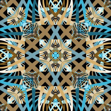 Renkli fraktallar çizgili vektörsüz desen. Fütüristik süs arka planı. Geometrik arkaplanı tekrar et. Radyal şekiller, çizgiler, çizgiler. Soyut çiçek süsü. Sonsuz modern dekoratif doku