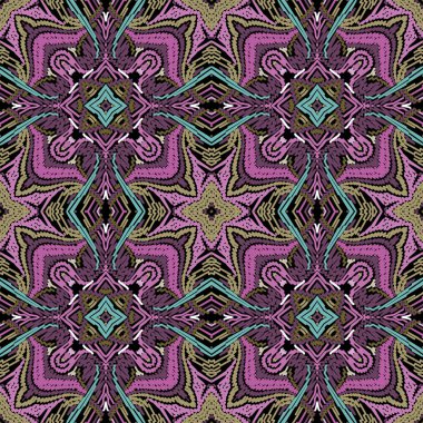 Dokulu zigzag çizgileri vektörsüz desen. Kabile etnik tarzı halı geçmişi. Simetrik kabile arkaplanını tekrar et. Zig zag çizgileri goblen süslerini süslüyor. Geometrik nakış şekilleri, çiçekler