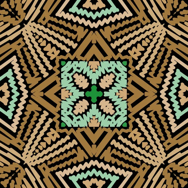 Ziguezague texturizado linhas padrão sem costura vetor. Fundo tapete estilo étnico tribal. Repita o cenário tribal simétrico. Zig zag linhas ornamentadas ornamentos de tapeçaria. Bordado geométrico formas, flores — Vetor de Stock