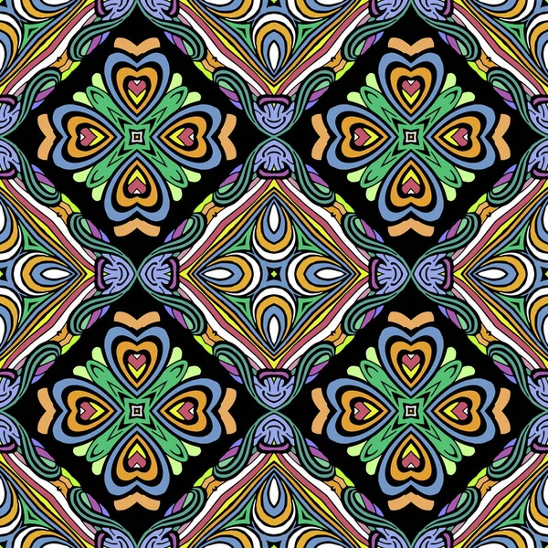 Farbenfrohe ethnische Vektor nahtlose Muster. ornamentale abstrakte hellen Hintergrund. Die dekorative Stammeskulisse wiederholen. Blumen Mandalas Ornamente. geometrische Formen, Rauten, Linien, Blumen. Aufwändiges Design — Stockvektor