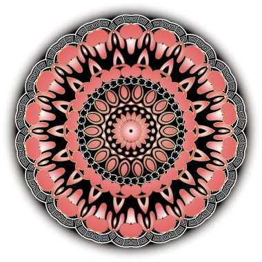 Yunan vektör renkli dantel mandala deseni. Çiçekli Yunan çerçeveli geometrik arka plan. Geometrik şekiller, daireler, zincirler. Klasik çiçekler, yapraklar. Yunan anahtarlarının süsü. Dekoratif tasarım