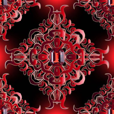 Barok vintage vektör dikişsiz desen. Çiçeksel takı geçmişi. Modern ışıldayan kırmızı arka plan. Süslü Damask çiçekleri, yapraklar, yakut değerli taşlar. Güzel lüks yüzey tasarımı