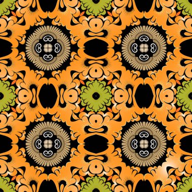 Renkli etnik tarz çiçeksiz desen. Parlak süslemeli arka plan vektörü. Kabile arka planı. Soyut çiçekler, yapraklar, şekiller, mandalalar. Güzel desenli tasarım. Sonsuz doku