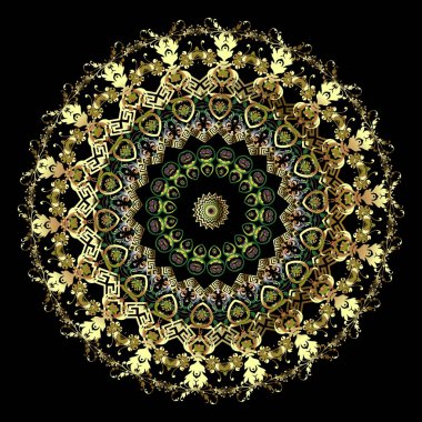 Altın Barok vektör mandala deseni. Klasik arka plan. Yunanistan 'ın önde gelen etnik tarzı çiçek mandala süsü. Çerçeve. Sınır. Geometrik dekoratif tasarım. Soyut çiçekler, yapraklar, daireler, şekiller