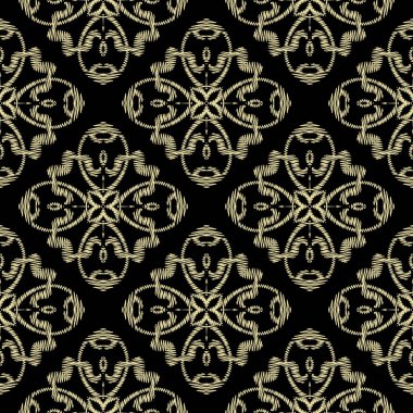 Kalıplı duvar halısı, altın renginde, kusursuz bir Damask modeli. Grunge Süslü Barok geçmişi. Nakış işlemeli altın renkli çiçek süsü. Zigzag çizgileri, şekiller, dikişler. İşlemeli çiçek dokusu.