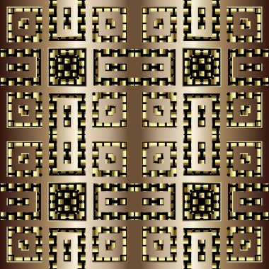 Kareler süslemeli altın 3D vektör pürüzsüz desen. Parlak geometrik altın şebeke arka planı. Eski kare çerçeveleri süslemek. Lüks dekoratif tasarım. Yunan kilit oyuncuları. Modern soyut süs