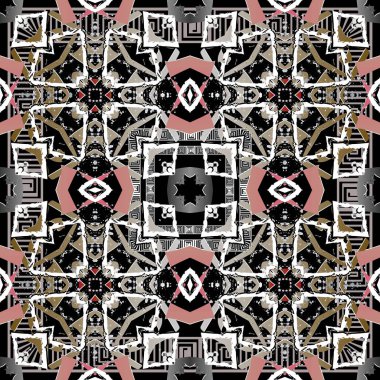 Modern renkli etnik tarz soyut Yunanca vektör kusursuz desen. Süslü geometrik arka plan. Grunge tebeşirle çizilmiş kirli süs. Kabile, şehir arka planını tekrarlıyor. Yunan kare çerçeveleri