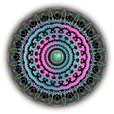 Mücevher danteli mandala deseni. Beyaz arka planda süslemeli renkli tasarım. Yuvarlak Yunanlı anahtarlar dantelli süs. Klasik çiçekler, daireler, çerçeveler, değerli taşlar. Süsleme vektör illüstrasyonu