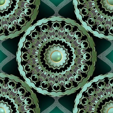 Mücevher danteli 3D çiçek desenli. Parlak yeşil bir arka plan. Yuvarlak dantelli güzel süsler. Klasik çiçekler, daireler, çerçeveler, değerli taşlar, çizgiler. Süsleme vektör illüstrasyonu