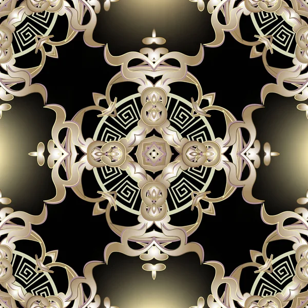 Barock Vintage Vektor nahtlose Muster. Griechische Blumenschmuck schönen leuchtenden Hintergrund. Moderne geometrische Wiederholungskulisse. Ornate Damastblüten, Blätter. Griechischer Schlüssel mäandert Mandala-Ornament — Stockvektor
