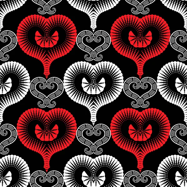 로맨틱 한 벡터 무형의 패턴을 좋아하죠. 검은 색 흰색붉은 색 장식 그리스식 배경이다. 현대의 패턴은 배경 복사를 반복 합니다. 아름다운 추상적 사랑. 고전적 인 장식물을 파는 그리스의 열쇠 — 스톡 벡터