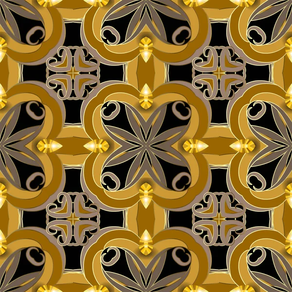 Bijoux vintage motif vectoriel 3d sans couture. Arrière-plan arabesque ornemental. Or floral ornement élégant avec des fleurs, des feuilles, des pierres précieuses jaunes. Papier peint 3d. Design de répétition orné de luxe. Papier peint — Image vectorielle