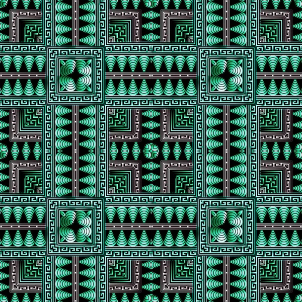 希腊3D格子花vvector无缝图案。装饰绿色防水油布背景。几何部落背景。抽象的表面希腊键弯曲饰物。几何形状、正方形、边框、条纹 — 图库矢量图片