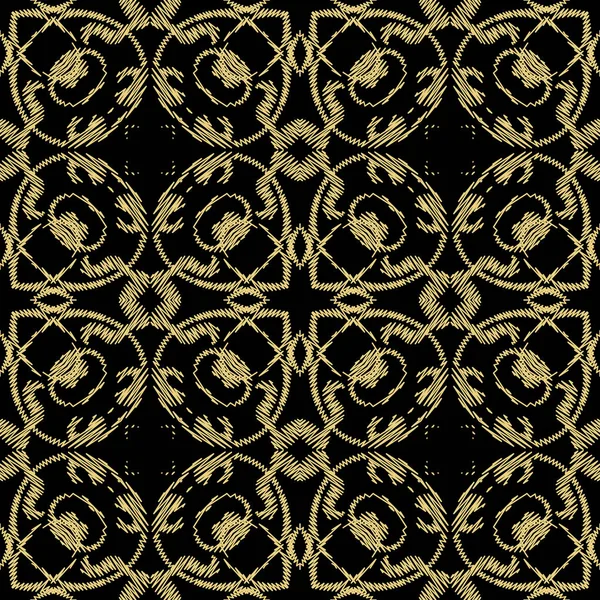 テクスチャされたタペストリーゴールドダマスクベクトルシームレスパターン。壮大な装飾バロック様式の背景。刺繍ヴィンテージの花の装飾。ジグザグの線、形、ステッチ。刺繍の花のカーペットのテクスチャ — ストックベクタ