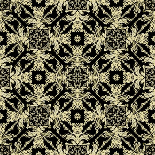 Textured tapestry gold Damask vector seamless pattern. Grunge ornamental Baroque background. Embroidery vintage flowers ornament. Zigzag lines, shapes, stitching. Embroidered floral carpet texture — Stock Vector