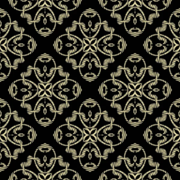 Текстурированное гобеленовое золото Дамаск бесшовный узор. Гранж декоративный барокко фон. Вышивка золотые винтажные цветы украшение. Линии зигзагов, формы, швы. Вышитые цветочные текстуры — стоковый вектор