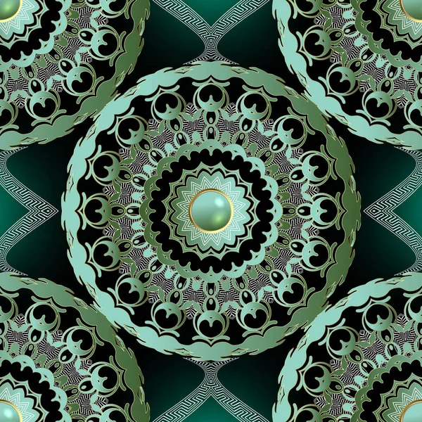Mücevher danteli 3D çiçek desenli. Parlak yeşil bir arka plan. Yuvarlak dantelli güzel süsler. Klasik çiçekler, daireler, çerçeveler, değerli taşlar, çizgiler. Süsleme vektör illüstrasyonu