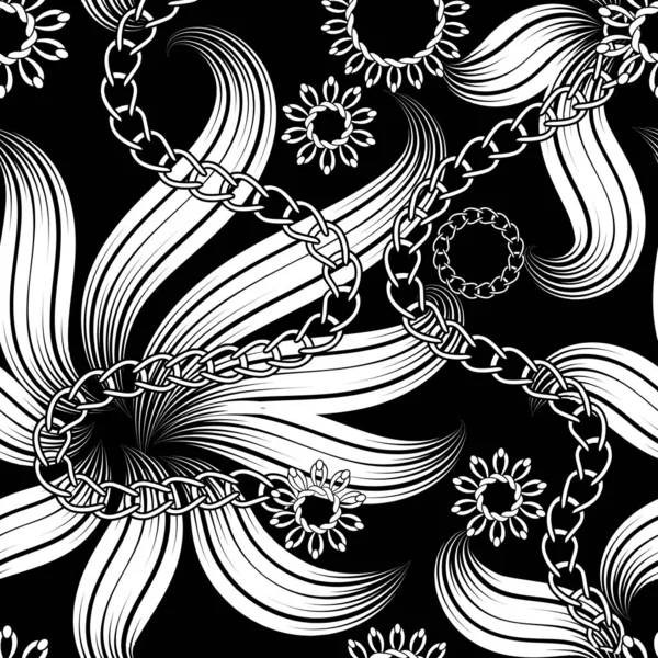 Цветочные черно-белые цепи векторные бесшовные узоры. Декоративный абстрактный красивый фон. Ручные рисованные винтажные цветы. Замысловатый творческий дизайн. Повторите декоративный монохромный фон. Шаблон — стоковый вектор