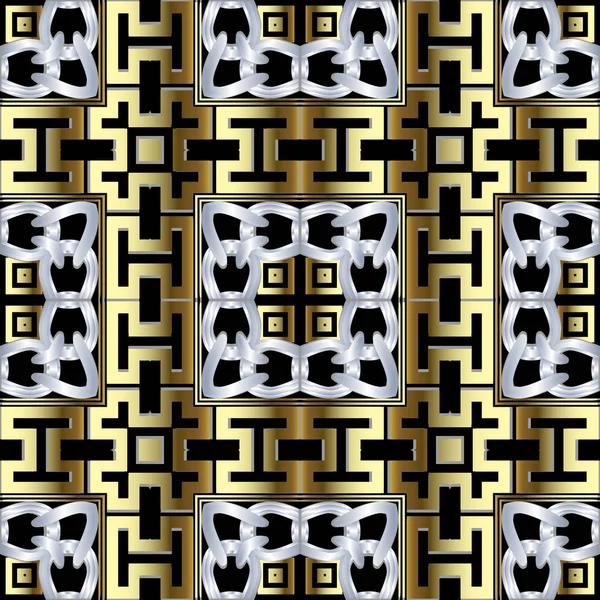 Geometric greek vector 3d seamless pattern. Ornamental plaid background. Repeat textured gold backdrop. Greek key meanders ancient ornament with geometrical shapes, chains, squares, borders, frames — Stock Vector