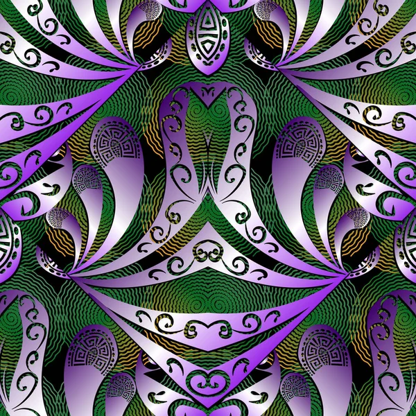 Patrón floral ornamental Paisley vector sin costuras. Fondo griego texturizado. Repite el trasfondo étnico. Geométrico griego clave meandros ornamento. Diseño abstracto floral. Flores vintage, hojas, formas — Vector de stock