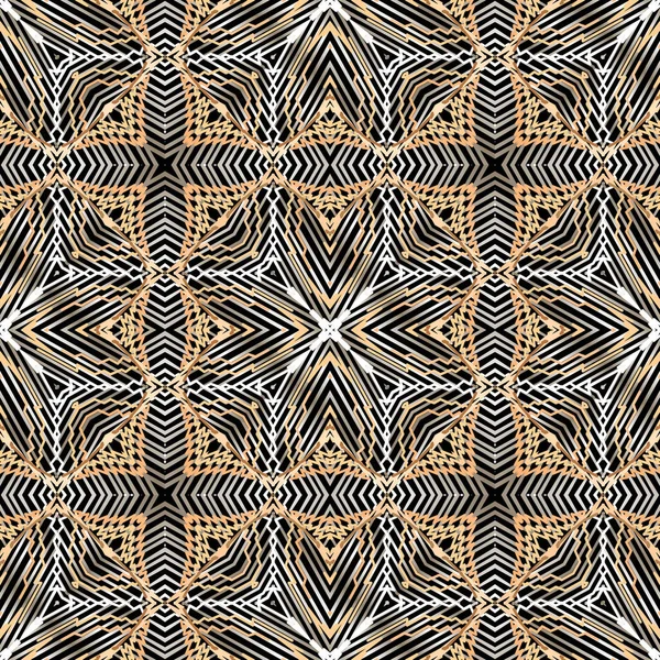 Grunge texturizado líneas vector patrón sin costura. Fondo geométrico del tapiz. Repita el estilo de bordado de fondo grueso. Abstracto eclosionó ornamento simétrico. Formas geométricas, líneas en zigzag, flores — Vector de stock