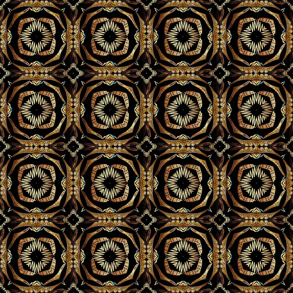 Grunge texturizado linhas vetor sem costura padrão. Tapeçaria geométrica fundo tribal. Repetir bordado estilo grungy pano de fundo. Abstrato eclodiu ornamento simétrico. Formas geométricas, linhas, flores — Vetor de Stock