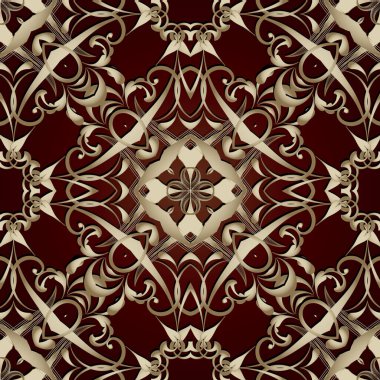 Çiçekli altın rengi 3d Şam vektör pürüzsüz desen. Süslü klasik arka plan. Çizgili sanat eserleri eski tarz süsler. Soyut yüzey şekilleri, klasik çiçekler, çizgiler, kıvrımlar. Arabesk arkaplanını tekrarla