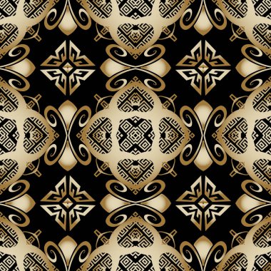 Çiçeksiz Yunan vektörü deseni. Süslü geometrik etnik kabile tarzı arka plan. Soyut arabesk arkaplanı. Geometrik Yunan anahtarı, klasik çiçeklerle, şekillerle altın süslemeler yapıyor.