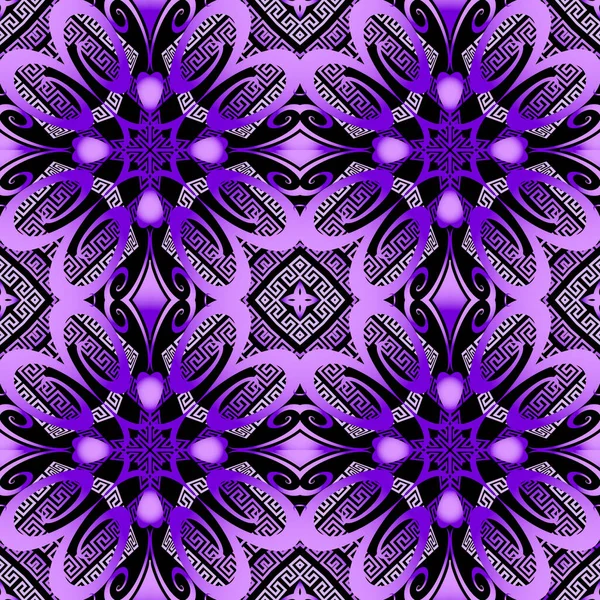 Violeta Patrón Sin Costura Vector Griego Floral Fondo Ornamental Geométrico — Vector de stock
