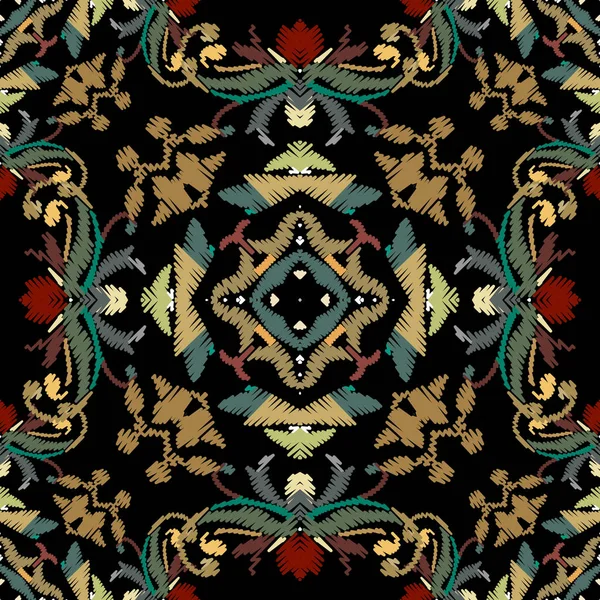 Broderi barock vektor sömlösa mönster. Färgglad blommig grunge bakgrund. Tapestry tapeter. Arras damast blommor, rulla grenar, löv, kläckning barock ornament. Broderade textur — Stock vektor
