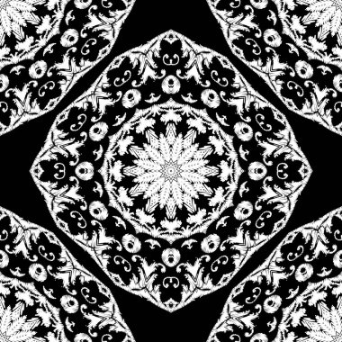 Nakış desenli vektör dikişsiz desen. Siyah ve beyaz çiçek arkaplanı. Duvar halısı mandalalar. Damask çiçekleri, yapraklar, mandalalar. Dokulu klasik barok süsler. Nakışlı doku.