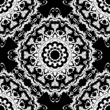 Nakış desenli vektör dikişsiz desen. Siyah ve beyaz çiçek arkaplanı. Duvar halısı mandalalar. Damask çiçekleri, yapraklar, mandalalar. Dokulu klasik barok süsler. Nakışlı doku.