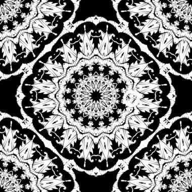 Nakış desenli vektör dikişsiz desen. Siyah ve beyaz çiçek arkaplanı. Duvar halısı mandalalar. Damask çiçekleri, yapraklar, mandalalar. Dokulu klasik barok süsler. Nakışlı doku.