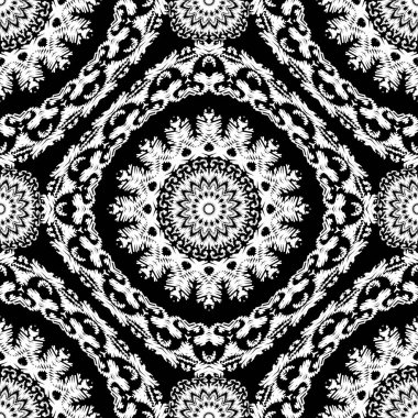 Nakış desenli vektör dikişsiz desen. Siyah ve beyaz çiçek arkaplanı. Duvar halısı mandalalar. Damask çiçekleri, yapraklar, mandalalar. Dokulu klasik barok süsler. Nakışlı doku.