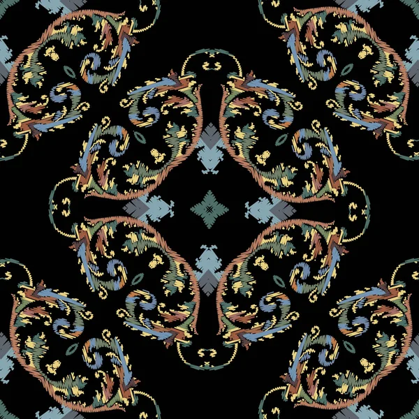 Вышивка Вектор Барокко Бесшовный Узор Красочный Цветочный Гранж Фон Обои — стоковый вектор