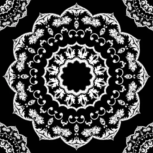 刺绣纹理矢量无缝图案 黑色和白色的花的背景 挂毯曼德勒 曼德勒 有质感的老式巴洛克饰物 绣花质感 — 图库矢量图片