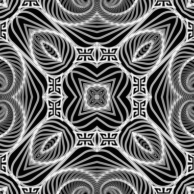 Karmaşık siyah beyaz çizgiler. Süslü soyut çizgiler, şekiller, çiçek arkaplanı. Geometrik tekrarlanan çiçek vektör arkaplanı. Çizgi sanatı, fraktal inek tarzı süsler. Örnek