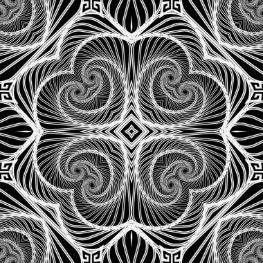 Çizgiler pürüzsüz desen. Süslü siyah beyaz çizgiler, şekiller, çiçek arkaplanı. Geometrik tekrarlanan çiçek vektör arkaplanı. Çizgi çizgisi, fraktal inek tarzı karmaşık süsler. Örnek