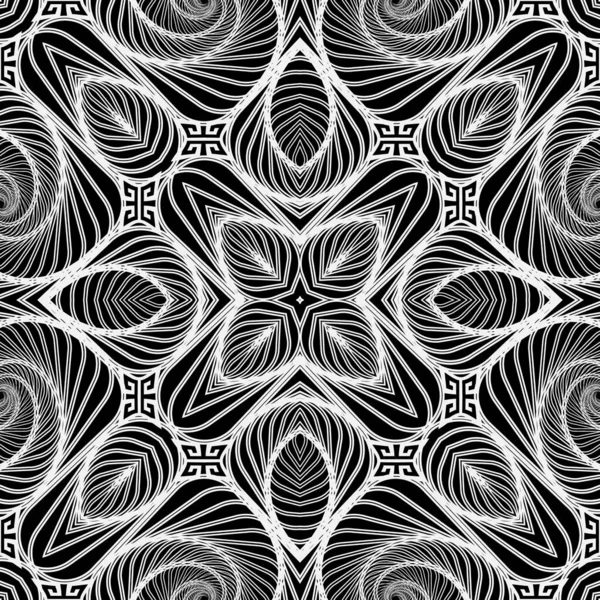 Lines seamless pattern. Ornamental black and white abstract lines, shapes, flowers background. Geometric repeat floral vector backdrop. Line art tracery fractal geek style intricate ornaments. Sample — Stock Vector