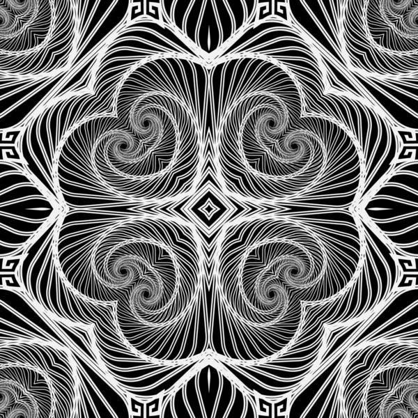 Lijnen naadloos patroon. Decoratieve zwart-wit abstracte lijnen, vormen, bloemen achtergrond. Geometrische herhaling bloemen vector achtergrond. Line art tracery fractal geek stijl ingewikkelde ornamenten. Steekproef — Stockvector