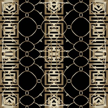 Altın rengi Yunan tarzı sınır vektörü kusursuz desen. Süslü altın arka plan. Yunan ana kavşakları sınırda. Şebeke tekrar arkaplanı. Lüks dantel süs. Geometrik süslemeli dantel tasarımı. Sonsuz doku