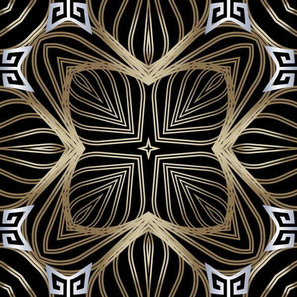 シームレスなパターンだ。一般的な黒白金の抽象的な線、放射状の形、花の背景。幾何学的な繰り返し花のベクトルの背景。ラインアートトレーリーフラクタルオタクスタイルの複雑な装飾 — ストックベクタ