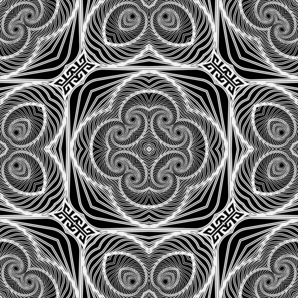 Linien nahtlose Muster. Ornamentale Schwarz-Weiß-abstrakte Linien, Formen, Blumen Hintergrund. Geometrische Wiederholung floraler Vektorhintergrund. Line Art Tracery Fraktal Geek Stil komplizierte Ornamente. Stichprobe — Stockvektor