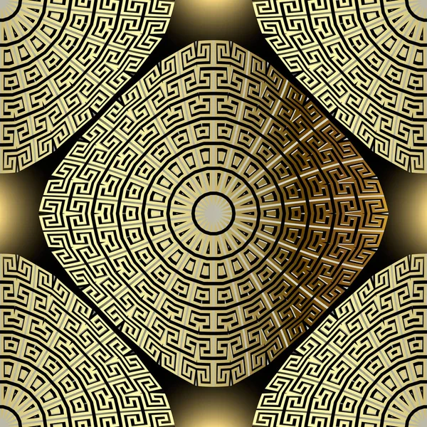 Gold 3d mandalas greek vector seamless pattern. Ornamental abstract glowing background. Tribal ethnic geometric repeat backdrop. Golden greek key meanders mandala ornaments. Ornate shiny design — Wektor stockowy