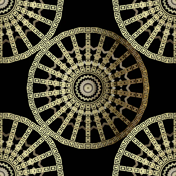 Oro griego mandalas vector patrón sin costura. Fondo moderno abstracto ornamental. Fondo de repetición geométrica étnica tribal. Llave griega dorada meandros ornamento mandala radial. Hermoso diseño adornado — Archivo Imágenes Vectoriales