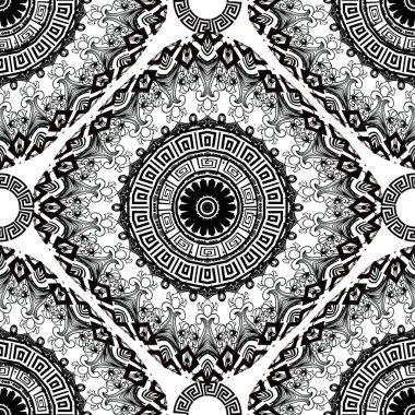 Süslü Yunan mandalas vektör dikişsiz desen. Soyut Şam çiçeği arkaplanı. Yunan anahtarı kabile süsü. Klasik siyah ve beyaz etnik kalıplar. Geometrik şekiller, Barok elementler