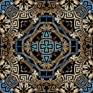 Süslü renkli Barok vektör pürüzsüz desen. Yunan anahtarı güzel bir süs. Soyut Şam çiçeği arkaplanı. Klasik Viktorya tarzı barok modeller. Geometrik şekiller, elementler