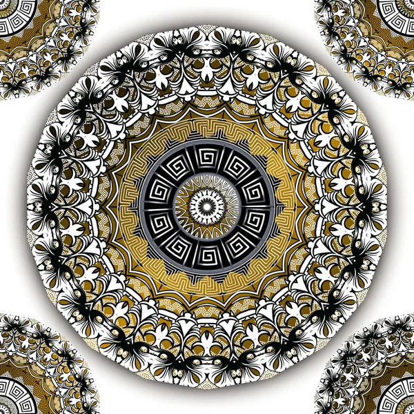 Mandalas barrocas ornamentais padrão sem costura vetor. Fundo Damasco floral abstrato. chave grega meandros ornamento. Vintage padrões redondos coloridos. Formas geométricas, flores, folhas, armações — Vetor de Stock