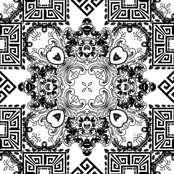 Ornement style baroque motif vecteur grec sans couture. Fond floral abstrait Damas. La clé grecque serpente ornement tribal. Vintage noir et blanc motifs ethniques. Formes géométriques, éléments — Image vectorielle